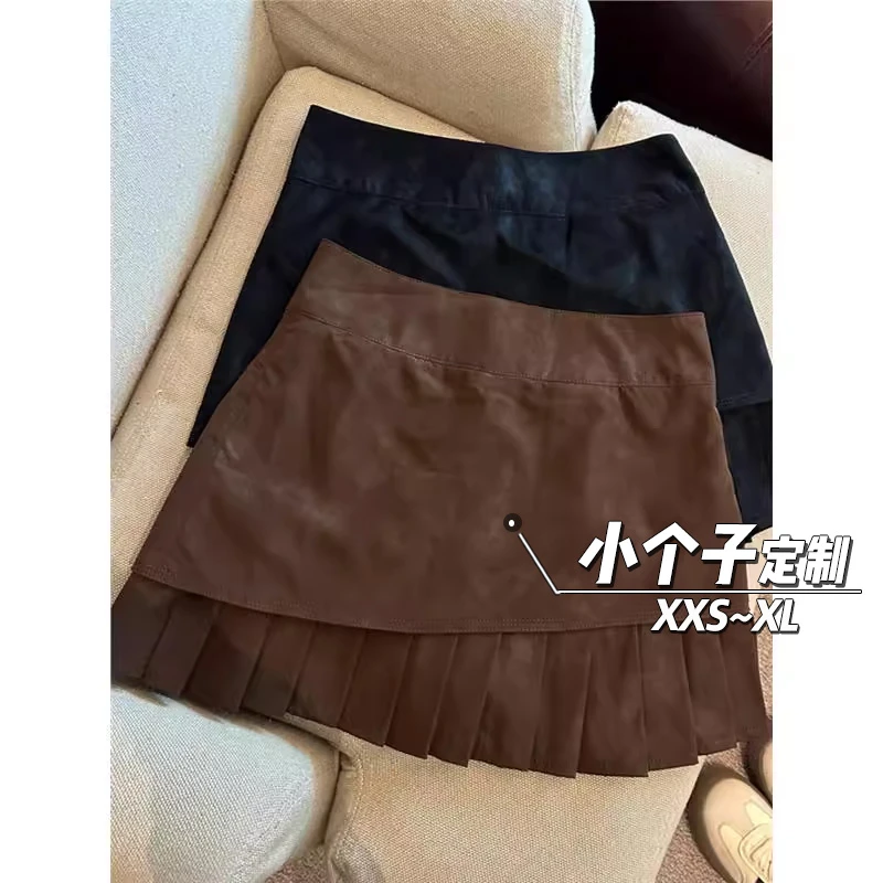 皮绒美拉德半身裙女秋冬150小矮个子拼接复古百褶裙高腰a字包臀裙