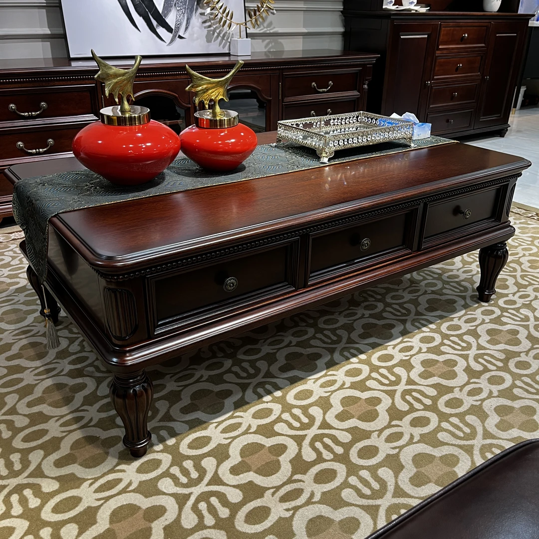 【简语家具】美式全原木金丝黄檀木茶几双面六抽储物