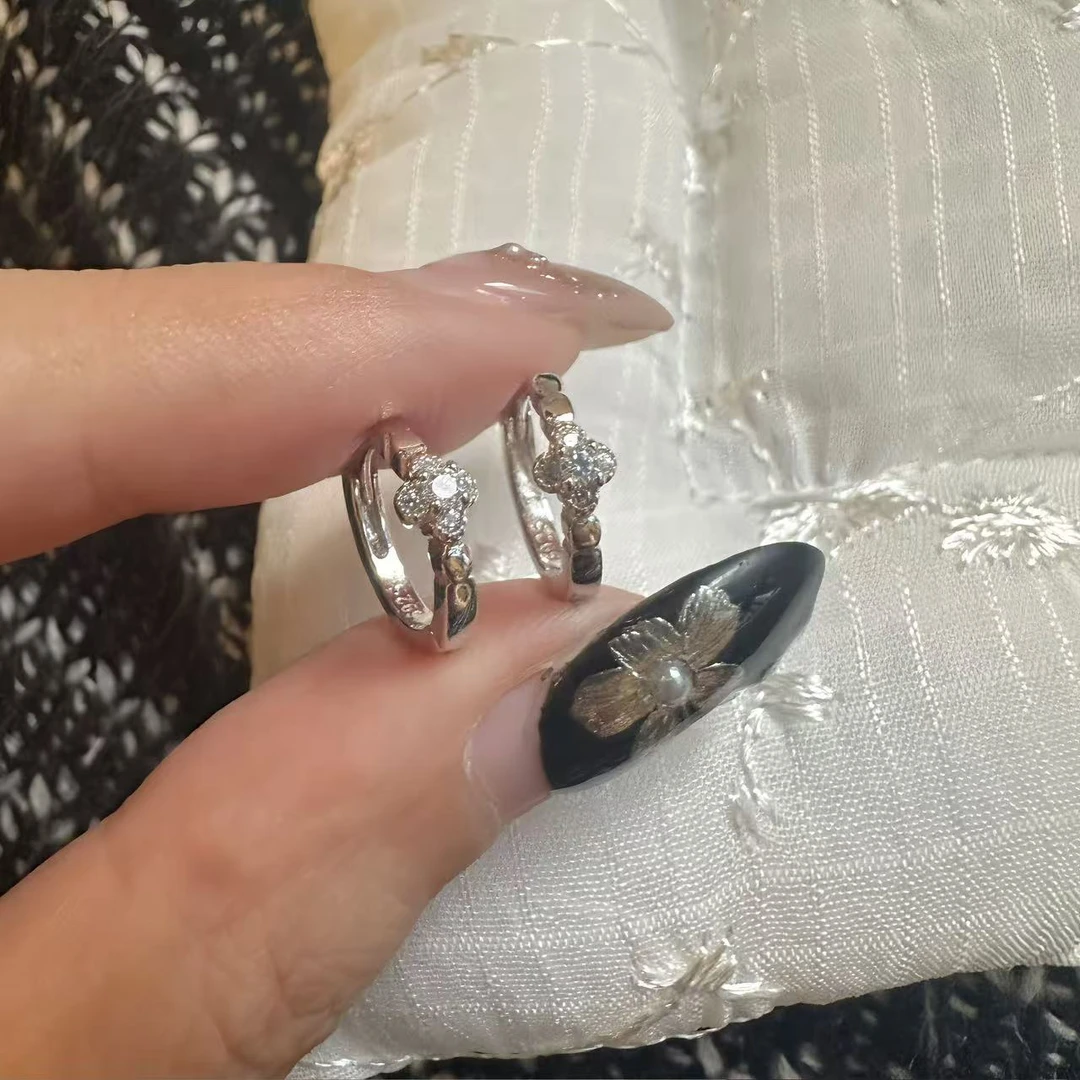 925银合成锆石耳饰 韩版四叶草满锆耳扣百搭简约ins风 3076