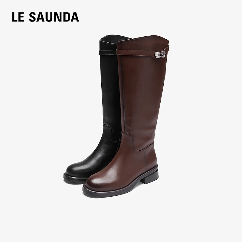 【主播专属】莱尔斯丹粗跟拉链黑色显瘦真皮骑士长靴6T41603V