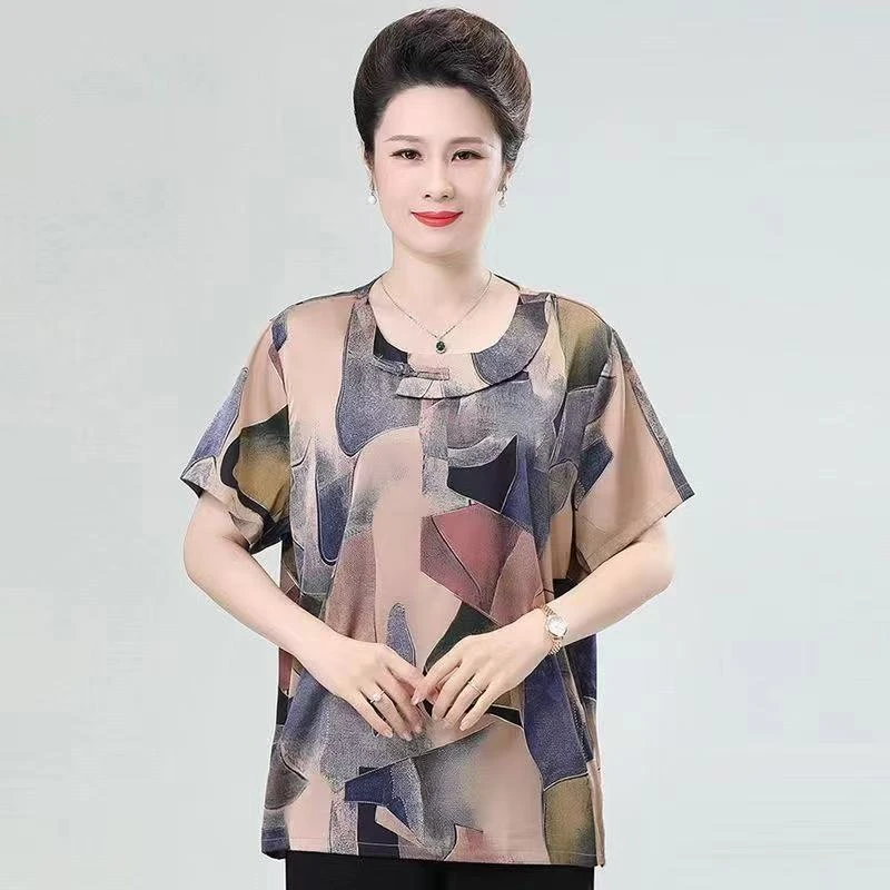 宽松短袖上衣中老年圆领夏季遮肚子洋气