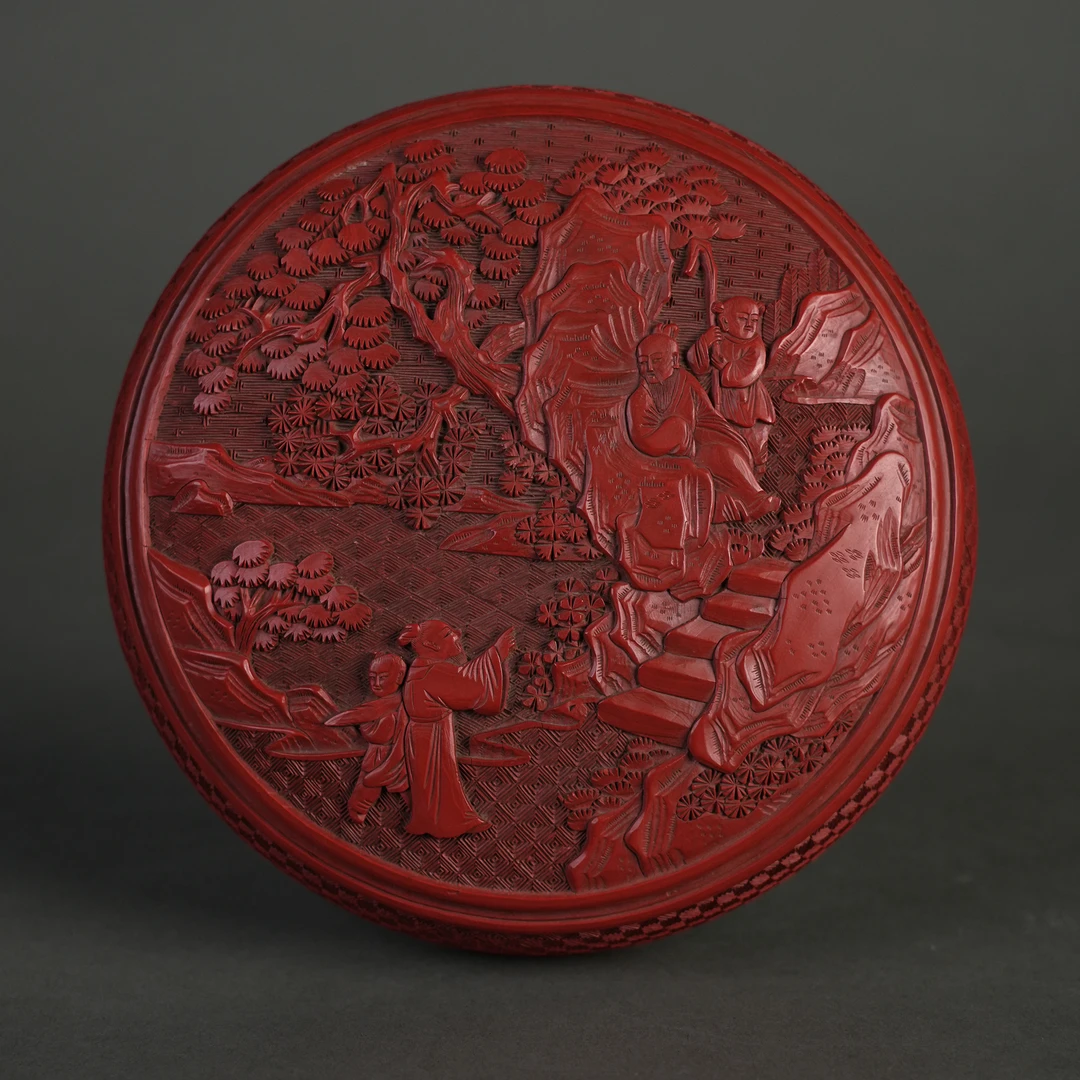 LOT 070102清代 剔红洞石人物纹盖盒【古董拍卖】