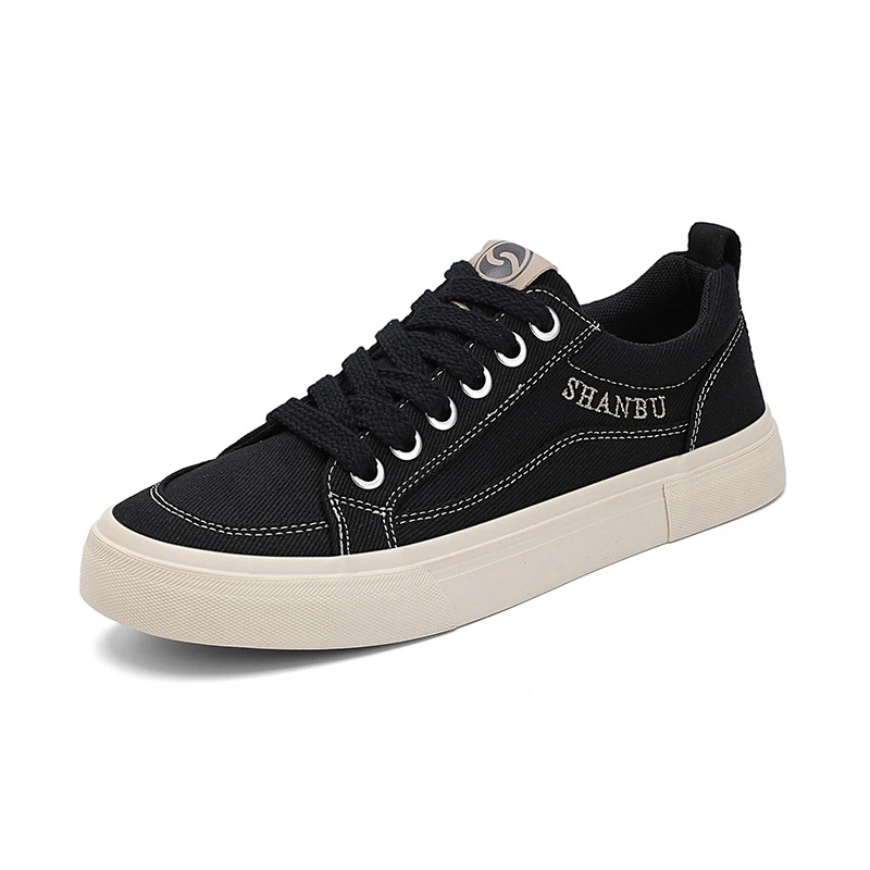男士帆布鞋运动百搭日常穿搭潮鞋休闲男款透气系带板鞋黑色潮鞋