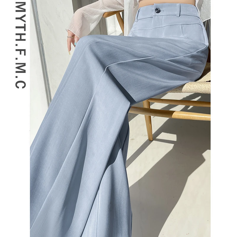 蓝色高级感西装裤子女春夏季2025新款高腰宽松直筒阔腿长裤垂坠感
