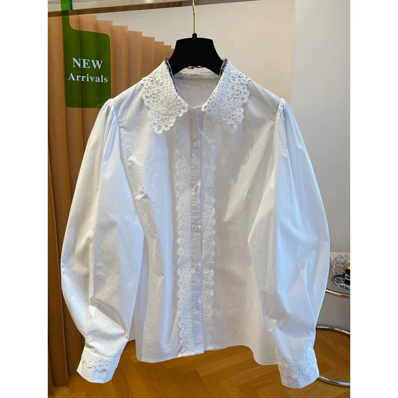 高级感蕾丝花边拼接翻领衬衫女2025早春新款宽松漂亮白色棉质上衣
