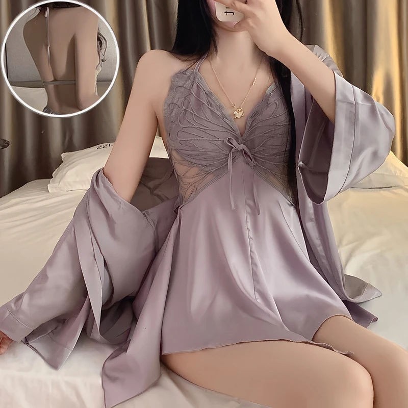 维多利亚性感睡衣女新款带胸垫冰丝蝴蝶结蕾丝吊带睡裙睡袍家居服