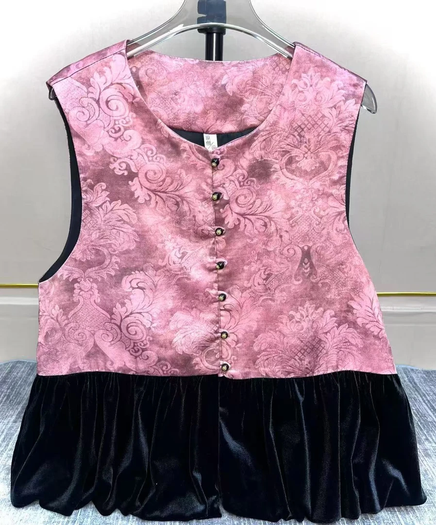 【蔷薇花】秋季新中式拼接圆领无袖坎肩马甲