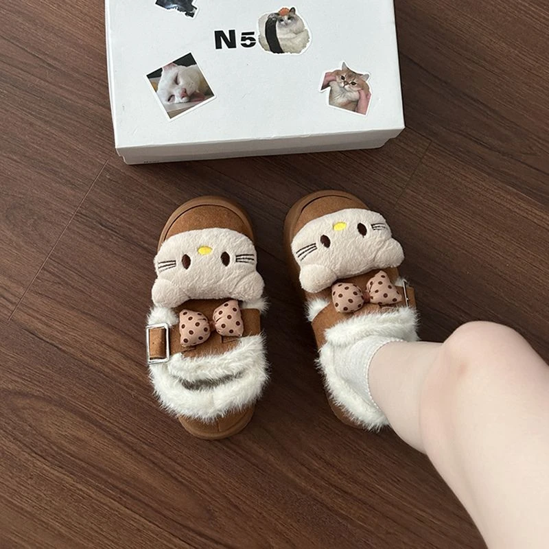 可爱卡通休闲一字扣棉鞋女2025秋冬新款外穿厚底加绒保暖雪地靴