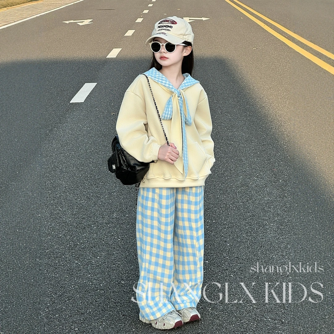 女童巨好看套装10岁女孩衣服2025新款秋季格子女宝两件套卫衣儿童