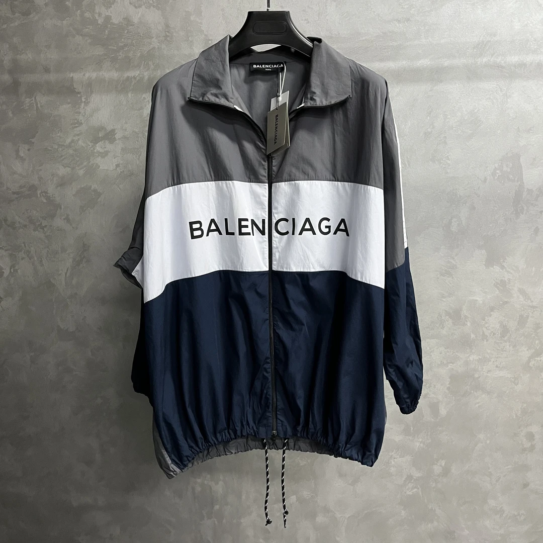 99新 Balenciaga/巴黎世家 蓝色撞色字母拼接徽标拉链夹克外套/38
