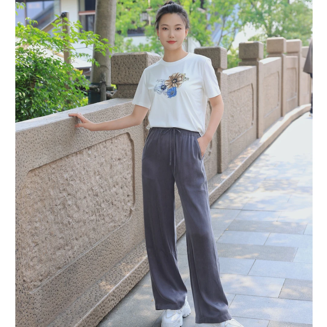 MEDECOO/墨蒂珂新款显瘦薄款垂感直筒休闲长裤TJX80520