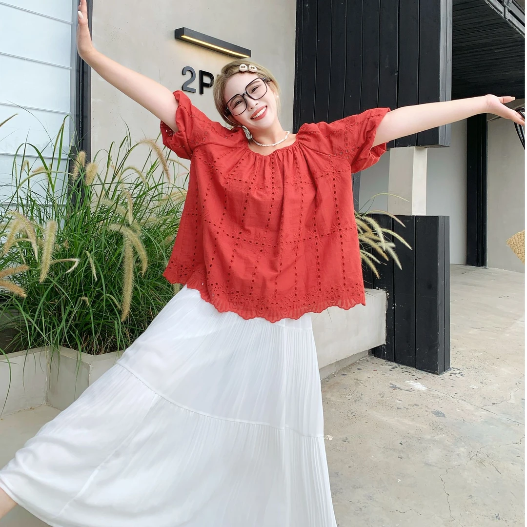媛子大码复古法式镂空T恤甜美宽松韩版显瘦气质百搭夏季设计感