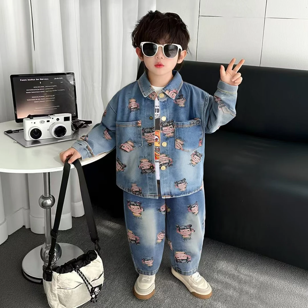 【沫沫家】男女童秋装套装2025儿童洋气韩版哪吒软牛仔三件套潮