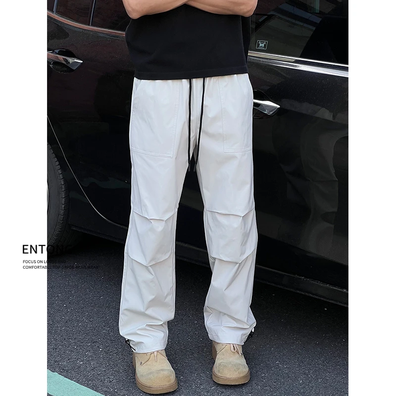 Entong美式轻薄户外速干休闲裤男生抽绳束脚长裤黑色褶皱工装裤子
