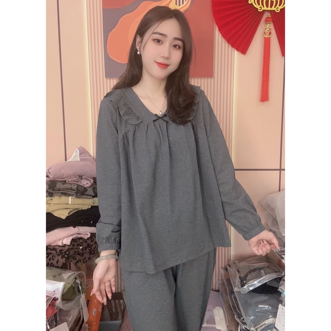 睡衣女冬季新款长袖纯棉韩版甜美休闲宽松家居服套装（银幕灰）