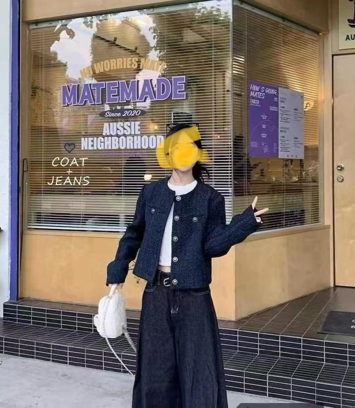 藏蓝色短款小香单排扣外套法式复古高级长袖外搭上衣女