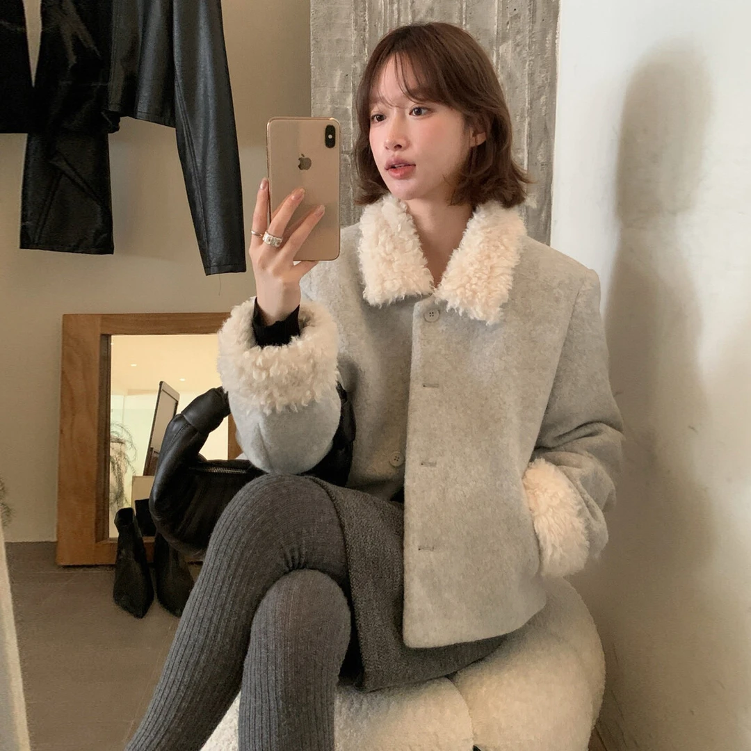 冬季宽松短外套保暖米白连帽仿水貂外套加绒韩版女宽松翻领秋冬