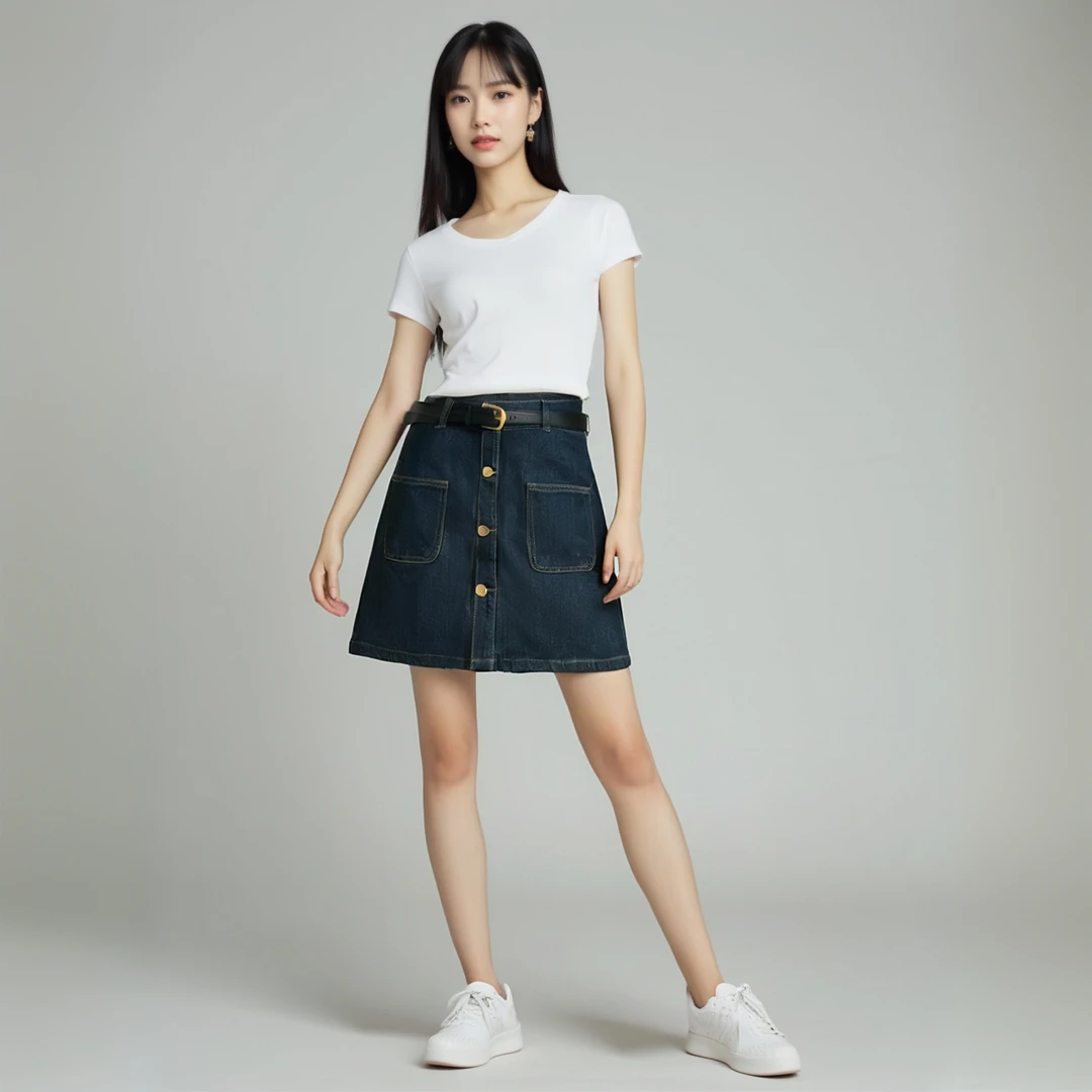 衣源G80209#单排扣牛仔短裙女2025新款高腰显瘦a字半身裙(长约44）