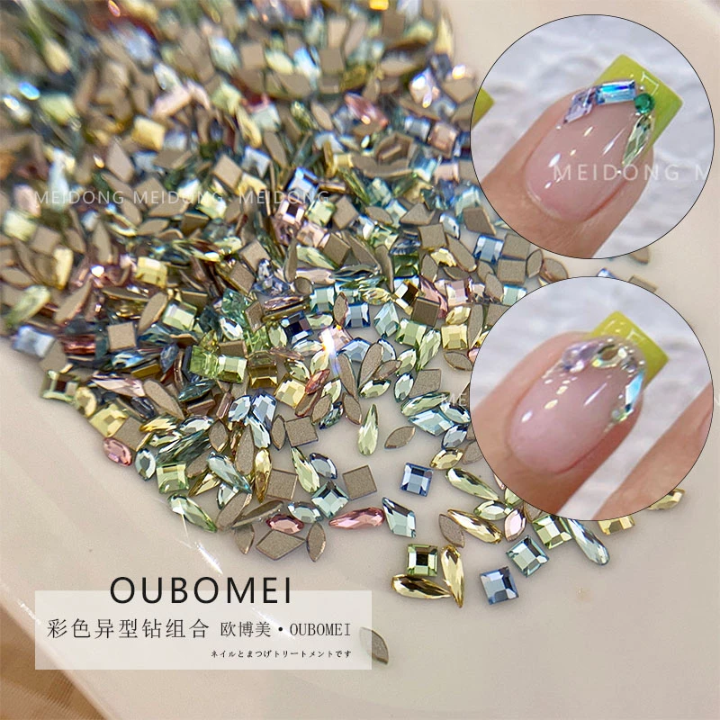 欧博美美甲水钻彩色异形平底混装钻指甲指尖装饰物彩色钻美甲店