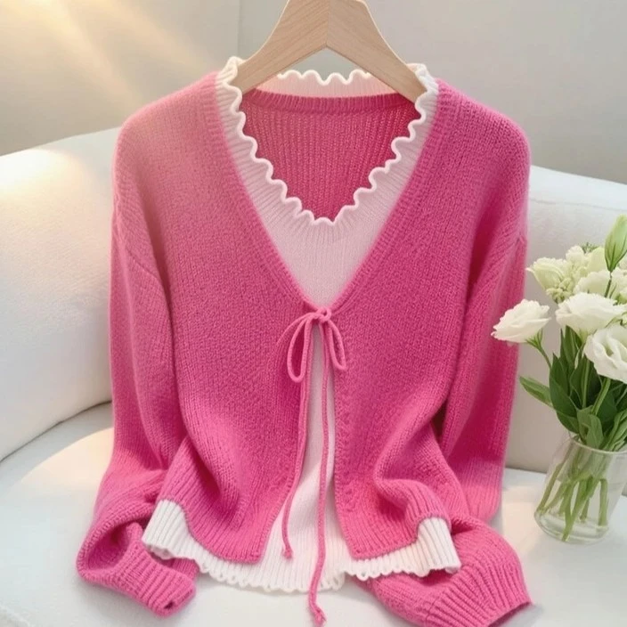 高端显瘦时尚轻奢女洋气气质长袖针织衫早秋季假两件毛衣上衣爆款