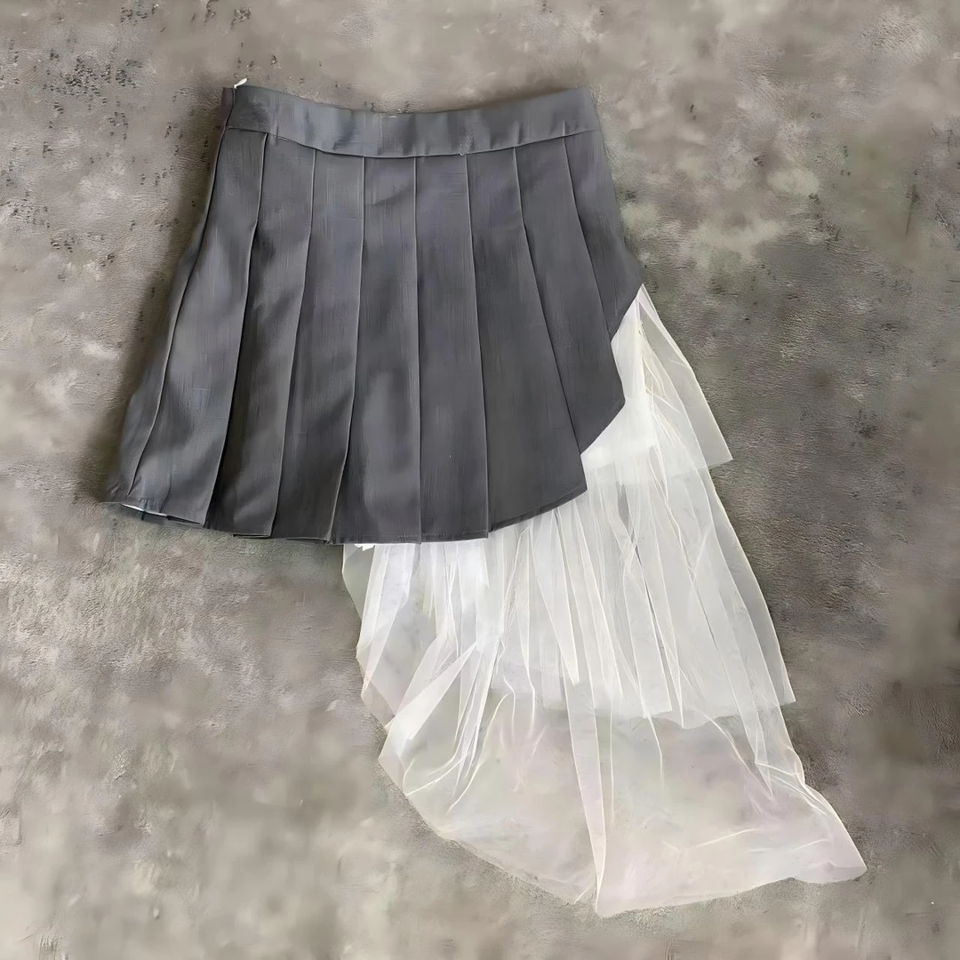 infobyfive2025夏季百褶裙短裙拼接蕾丝不规则西装裙NF0506022