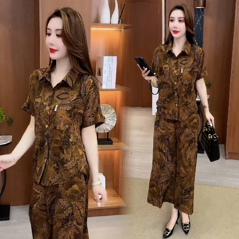 休闲时尚套装女2025夏季新款中年妈妈装短袖上衣宽松阔腿裤两件套