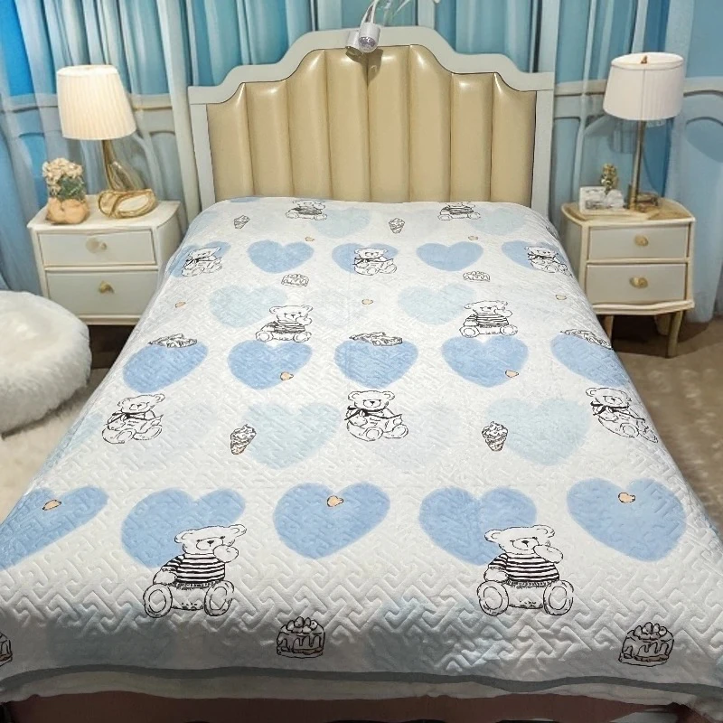 约200*225蓝色爱心小熊双面精品绒毯床盖