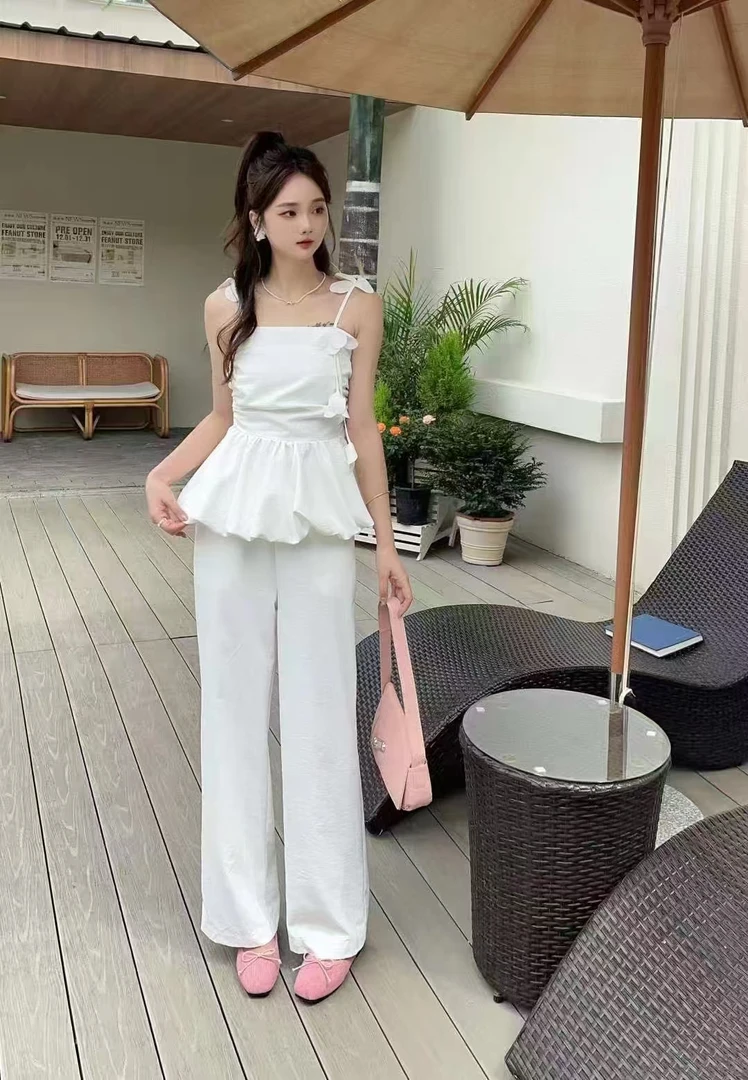 23322#夏季时尚气质法式洋气吊带两件套