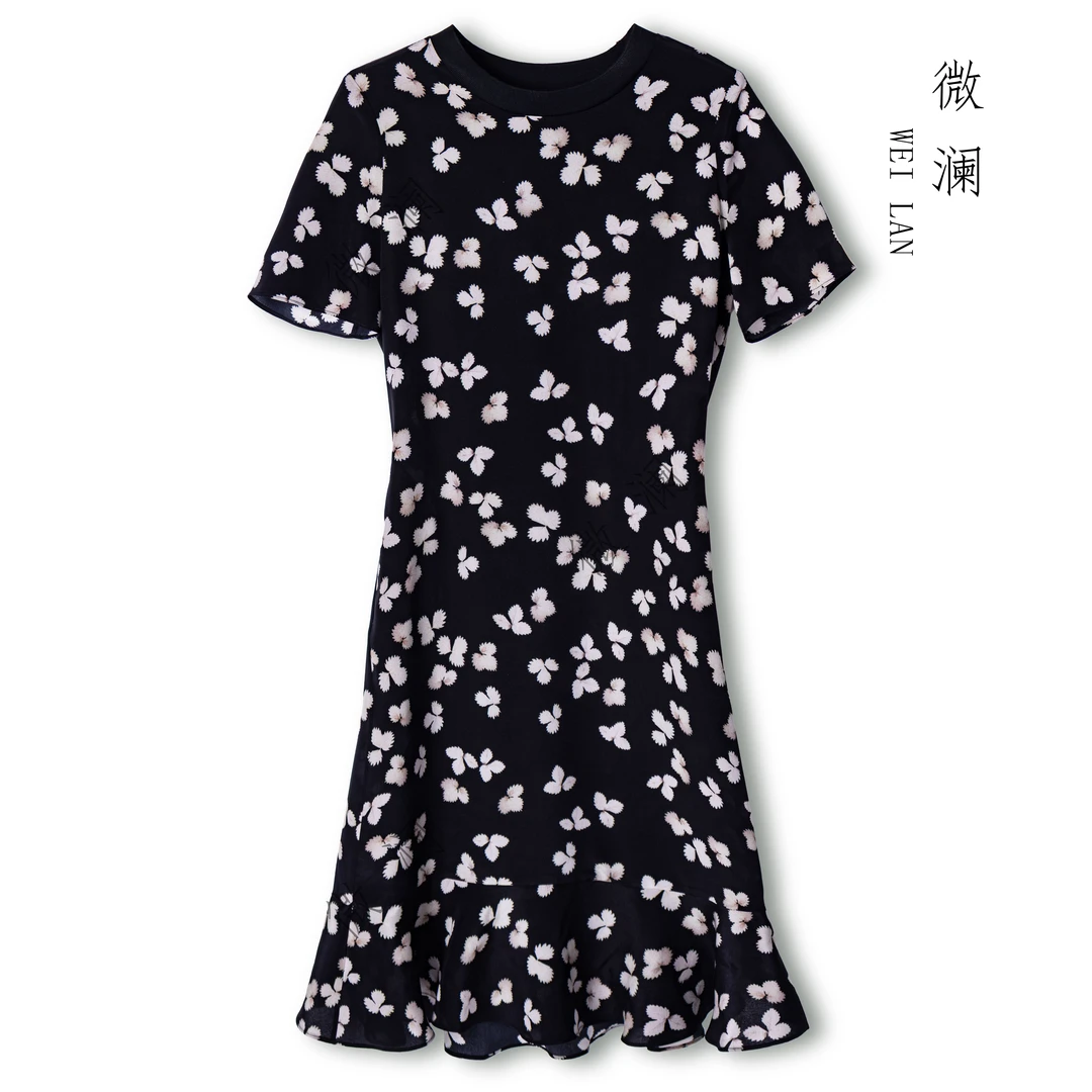 微澜【黑色叶子】夏季04双绉100%桑蚕丝碎花休闲圆领连衣裙2025-061