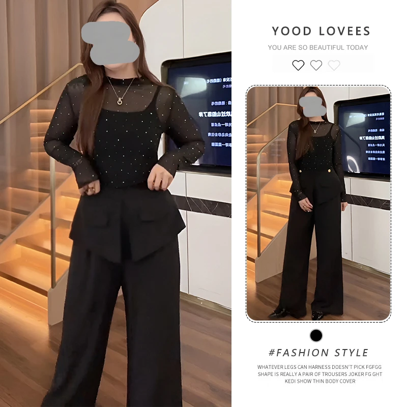 法式半高领显瘦烫钻长袖烫钻长袖上衣女2025春秋季新款阔腿裤套装