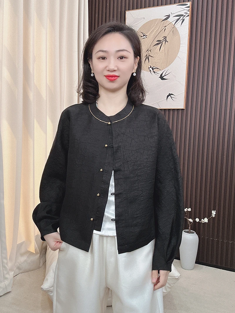 【迟墨】韩如艺新中式国风长袖圆领对襟气质桑蚕丝黑龟香云纱外套