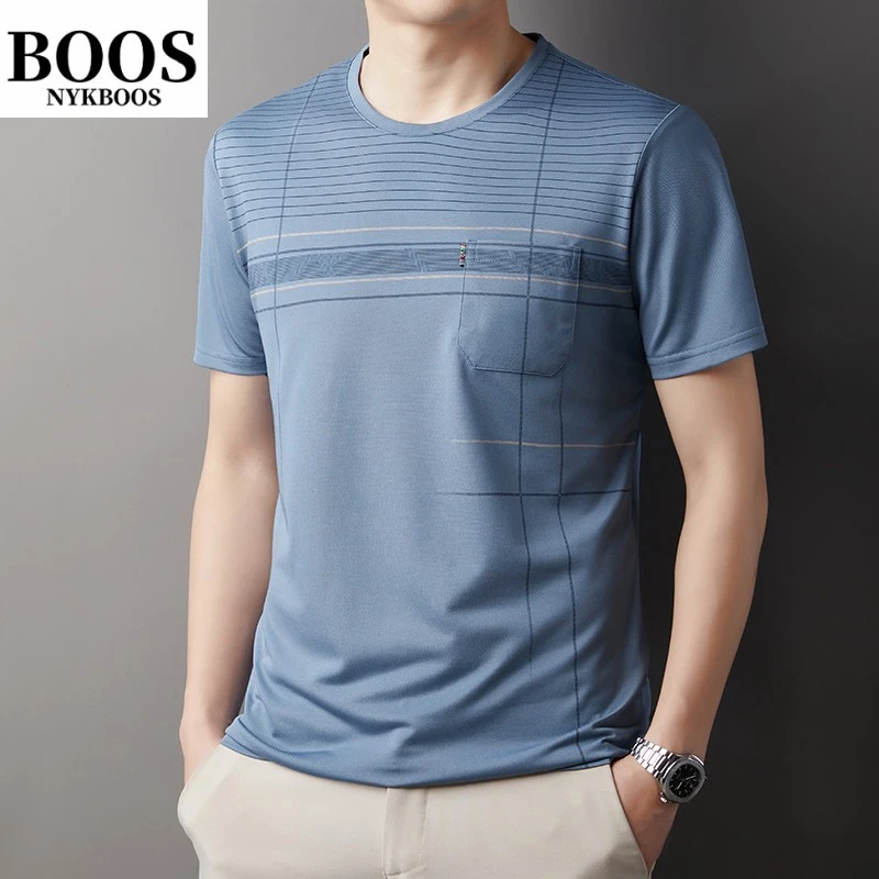 NYKBOOS中老年男士圆领短袖t恤夏季薄款条纹口袋上衣爸爸装打底透
