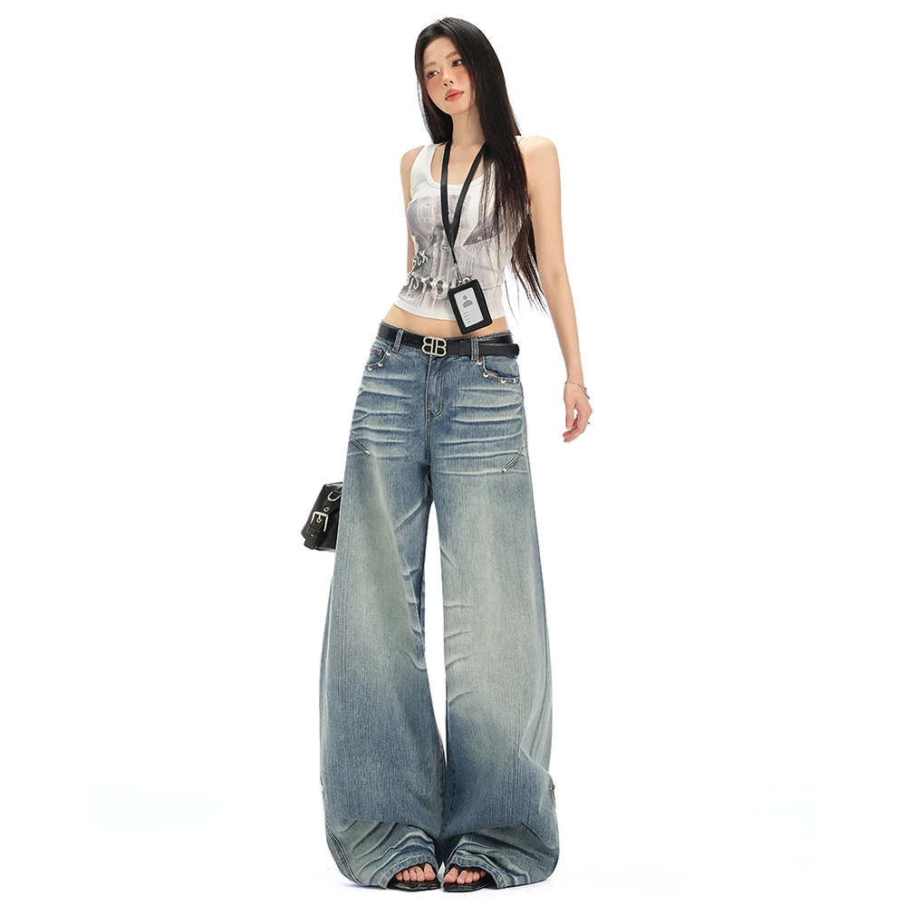 美式复古侧缝设计立体感低腰直筒牛仔裤女秋季宽松垂感阔腿裤子潮