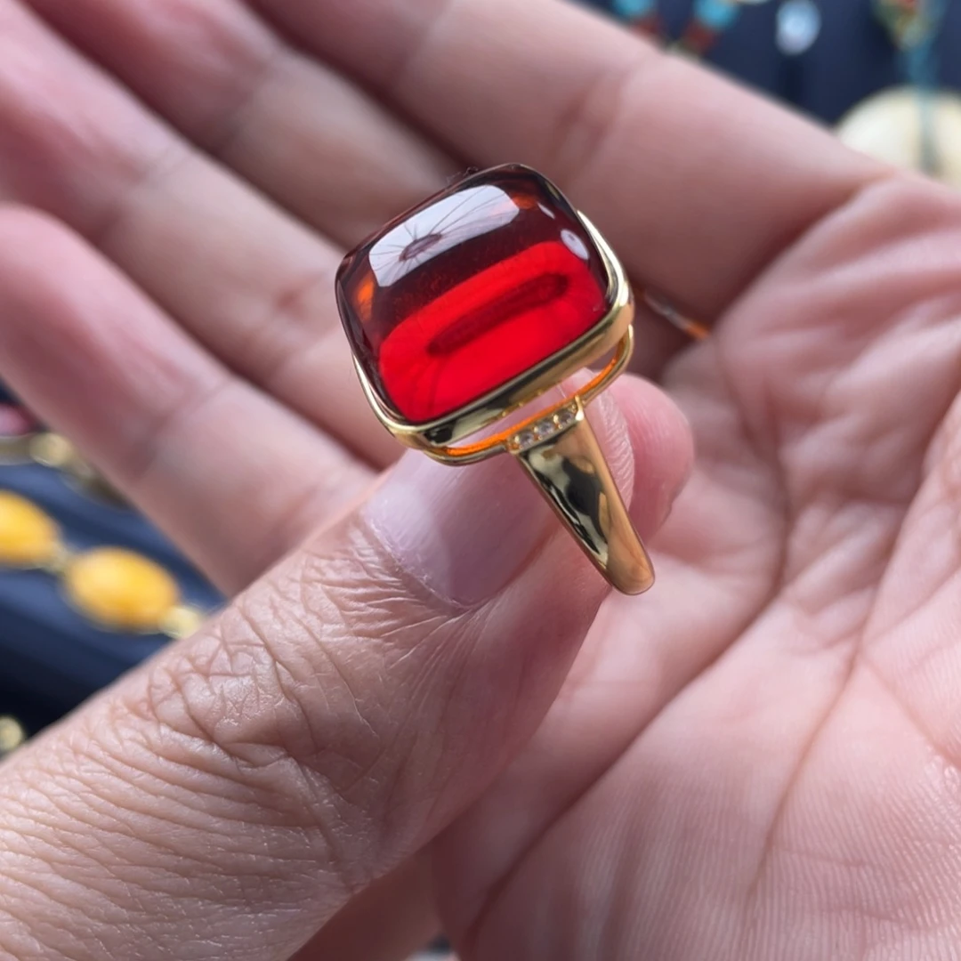 血珀戒指银S925镀金镶嵌