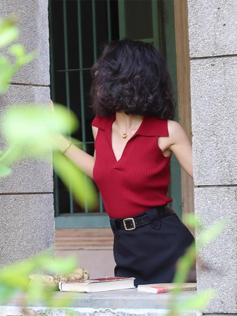 法式红色小吊带背心女外穿夏别致内搭打底无袖坎肩polo领挂脖上衣