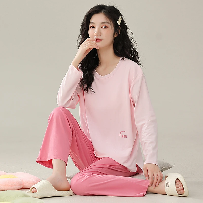 2327女士睡衣春秋季纯棉长袖圆领秋冬家居服套装加大码