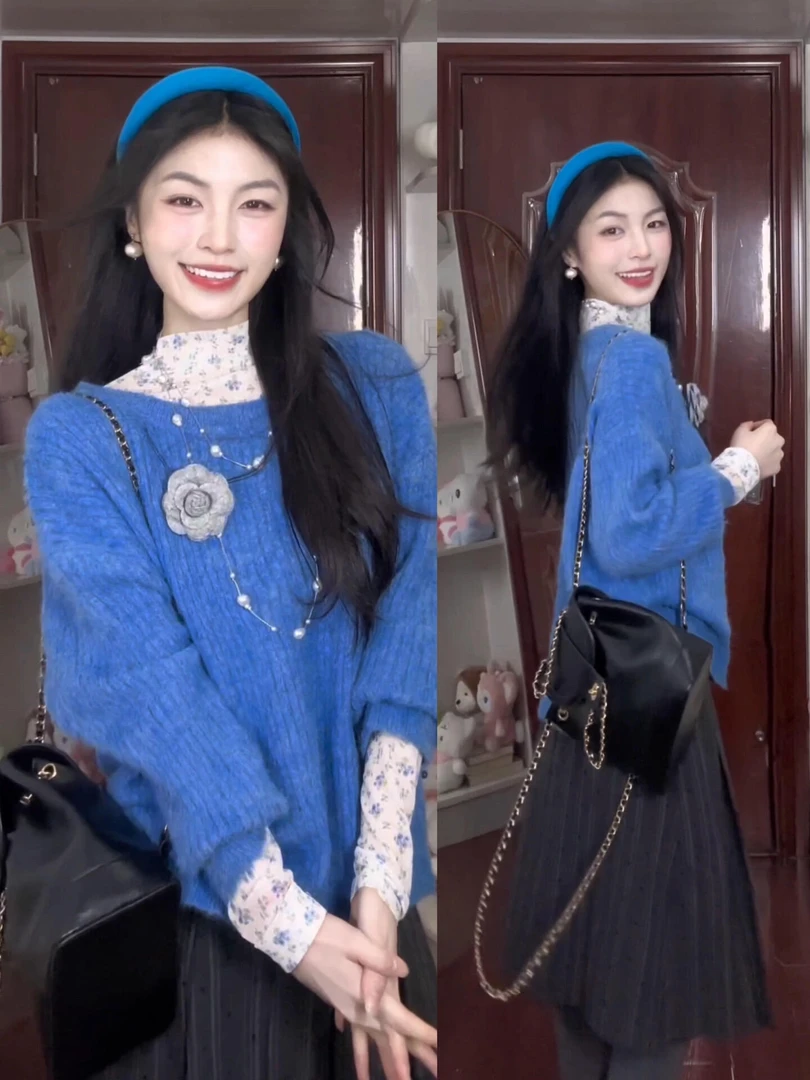 2025秋冬新款韩系高领碎花打底衫蓝色针织毛衣百褶半身裙三件套女