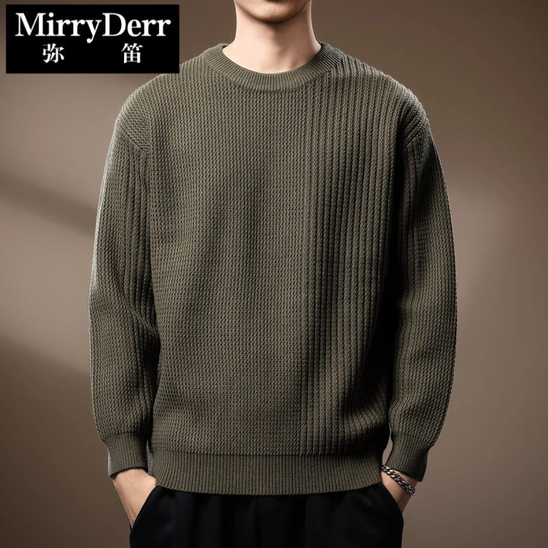高级感日系复古扭花肌理圆领针织毛衣男2025秋冬款宽松保暖打底衫