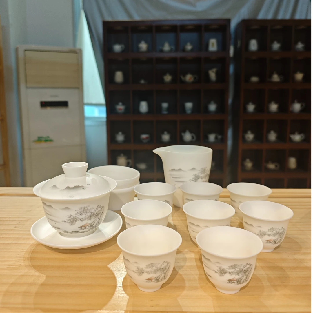 11头素烧白瓷山川盖碗8杯功夫茶具套装泡茶器清仓