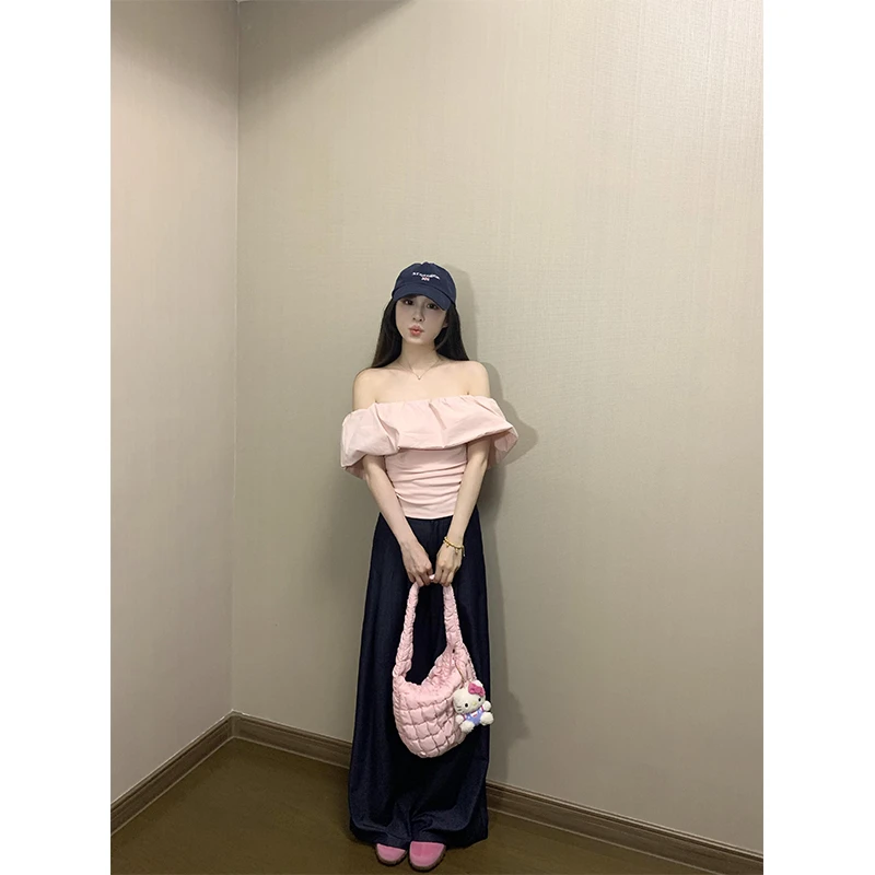 夏季套装一字肩荷叶边上衣独特别致小衫女深蓝色高腰阔腿裤拖地裤