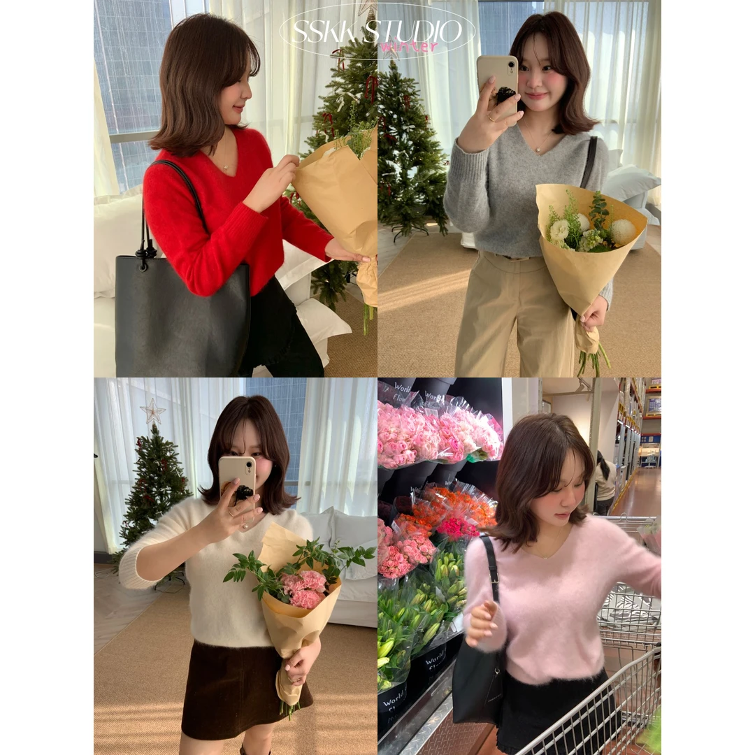 KMZY/KMZY山_山【甜度少女】微胖韩系宽松慵懒温柔风V领拉毛毛衣女