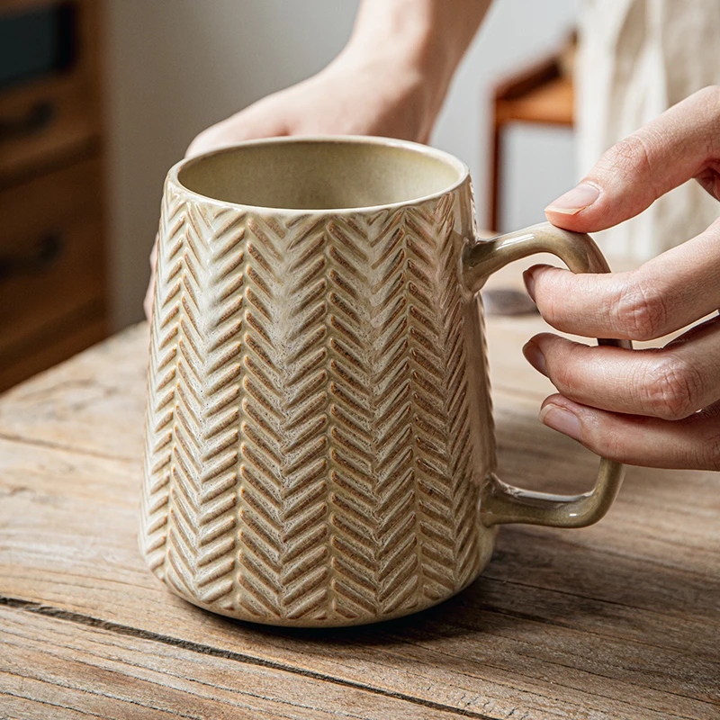 〖760ml大肚杯〗复古浮雕大杯子办公马克杯醴陵陶瓷咖啡杯