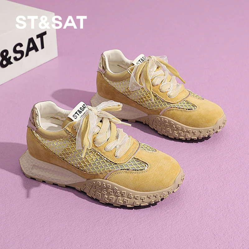 星期六网面透气蕾丝鞋带舒适阿甘鞋女2025夏季新款轻便百搭运动鞋