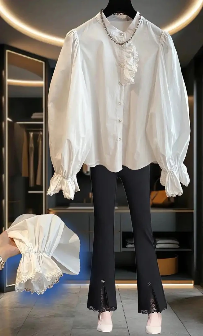 泡泡袖荷叶边高腰打底春秋时尚洋气夏季衬衫直播链接，非图片