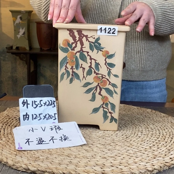 紫砂花盆 微微瑕白玉段彩绘四方签筒1122