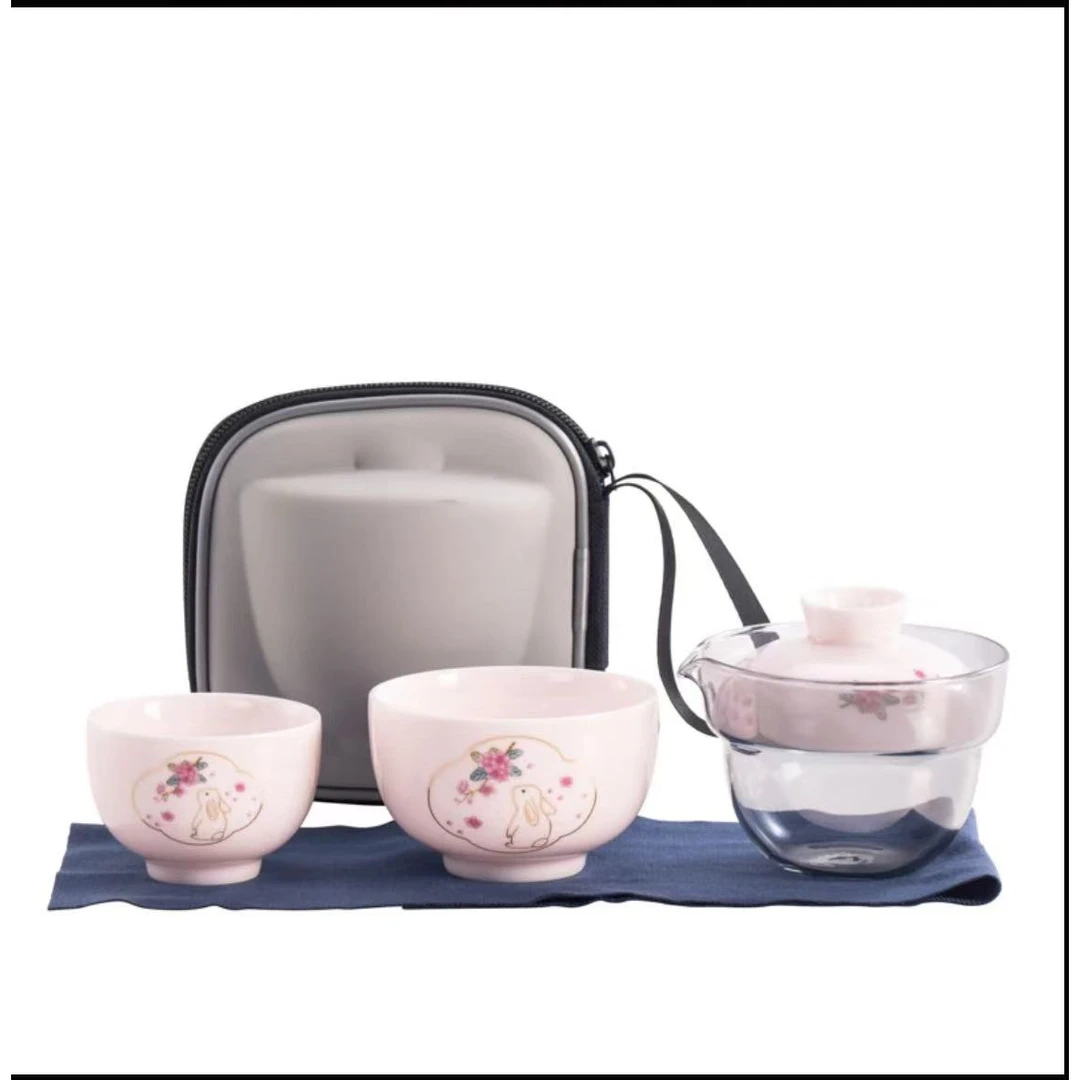 羊脂玉粉色旅行快客杯陶瓷一壶两杯-ZH695