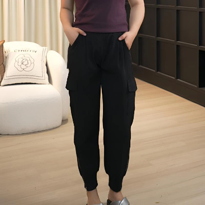 伊自尚大码女装时尚高腰拉链休闲裤胖mm显瘦束脚工装休闲裤12037