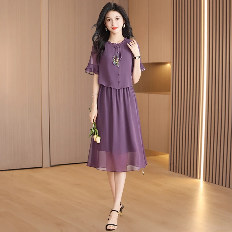 【名典圣王】紫色高贵洋气休闲女装连衣裙2025新款夏新中式国妈妈装