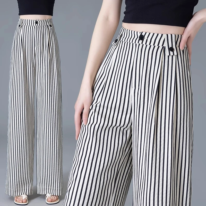 条纹窄版阔腿裤女夏季薄款2025新款高腰宽松亚麻直筒裤子亚麻裤