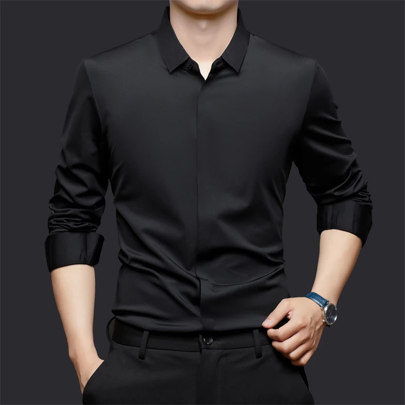 品现四季男士高档无痕免烫长袖衬衫商务休闲纯色薄款暗门襟衬衣男